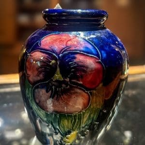 3 3/8" vase. Pansy Nouveau design by Walter Moorcroft. Signed $195